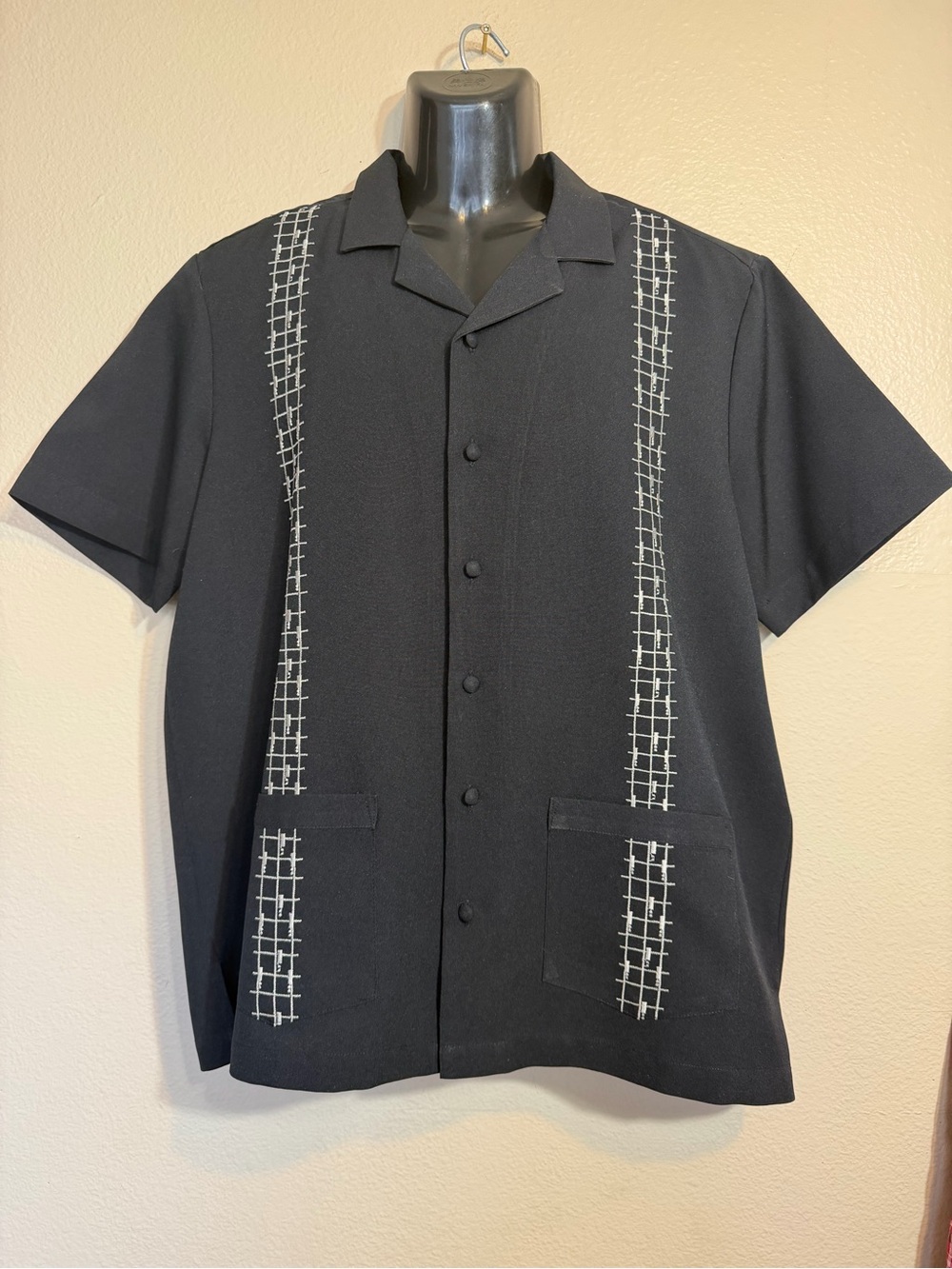 Men's Black Short-Sleeve Camp Shirt with White Grid Stitching